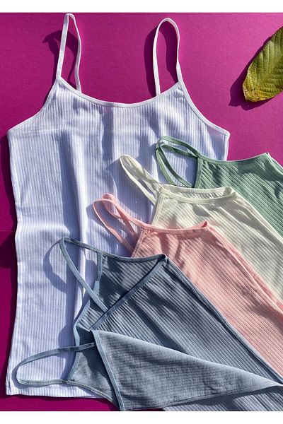 VicTroy Women's 5 Pieces Rope Strap Cotton Corded Women's Undershirt (White, Green, Pink, Ecru and Blue)