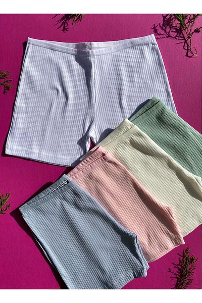VicTroy Cotton 5-Piece Pink, Blue, Green, White and Ecru Color Ribbed Women's Shorts – Panties 50V19