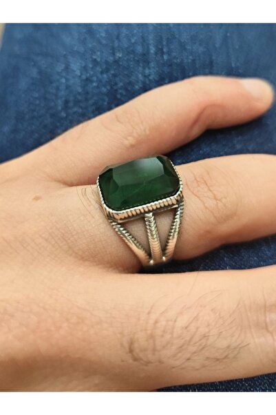 bymissmücevherat 925 Ayar Gümüş Yeşil Zümrüt Yeşili Erkek Yüzük