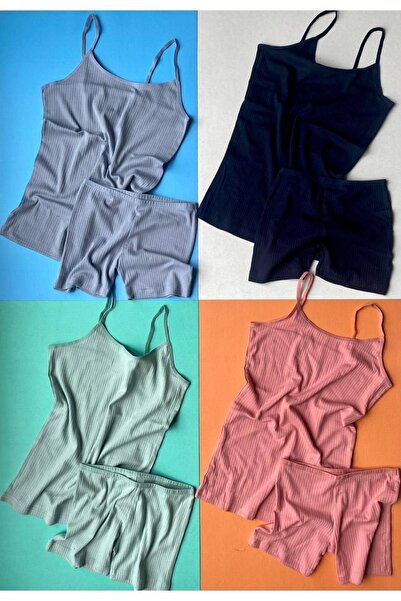 VicTroy طقم قميص داخلي وشورت نسائي مكون من 4 قطع مع أشرطة مضلعة