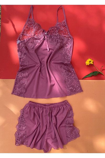 VicTroy Viscose 2-Piece Dried Rose and Red Color Lace Nightgown Set