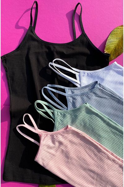 VicTroy Women's 5 Pieces Rope Strap Cotton Corded Women's Undershirt (White, Green, Pink, Black and Blue)