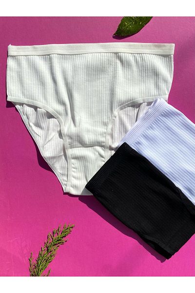 Freya Boutique Women's 3-Piece Cotton Black, White and Ecru Color Ribbed Triangle Slip Panties