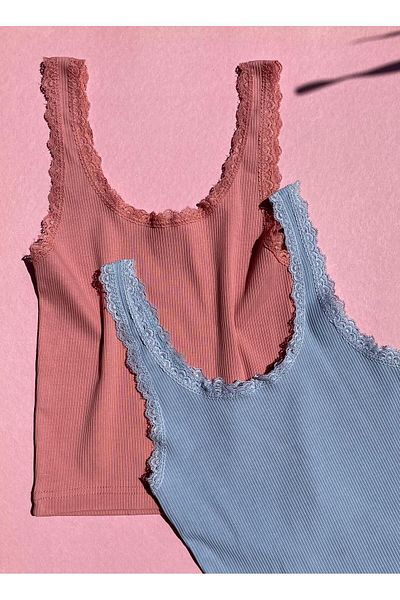 VicTroy Light Blue and Dried Rose Lace Detailed Pool Collar Crop-Atlet - Camisole Fabric Set of 2