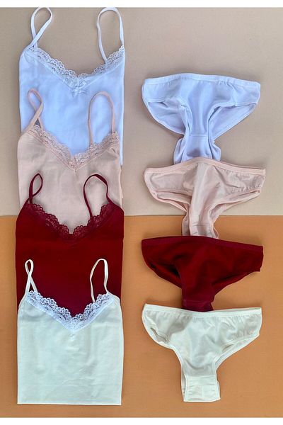 VicTroy Lace 4-Piece String Strap Cotton Lycra Blouse and 4 Gift Panties (SALMON-WHITE-ECRU-CLARET RED)