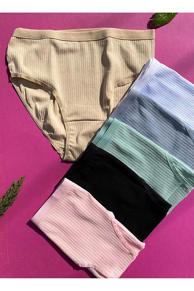 Freya Boutique Women's 6-Piece Cotton Black, Green, Blue, Pink, White and Nude Color Ribbed Triangle Slip Panties 50V20
