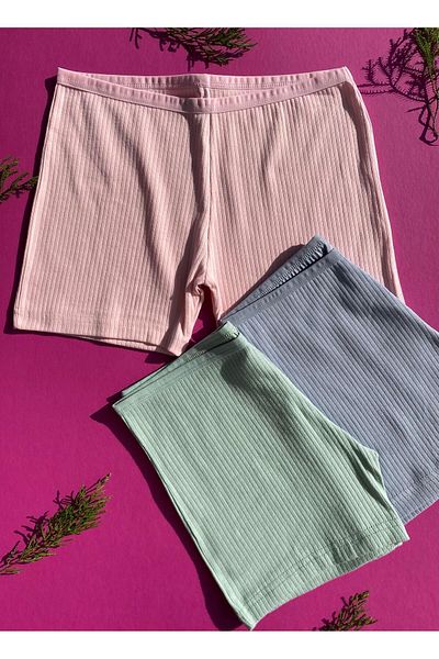 VicTroy Cotton 3-Piece Pink, Blue and Green Color Ribbed Women's Shorts – Panties 50V19