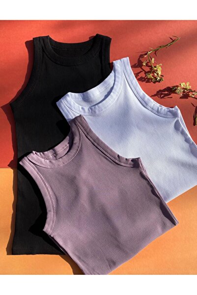 VicTroy 3 قطع من القطن الأبيض والأسود والبرقوقي بياقة رسن للنساء