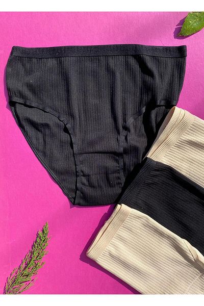 Freya Boutique Women's 4-Piece Cotton Black and Tan Color Ribbed Triangle Slip Panties 50V20