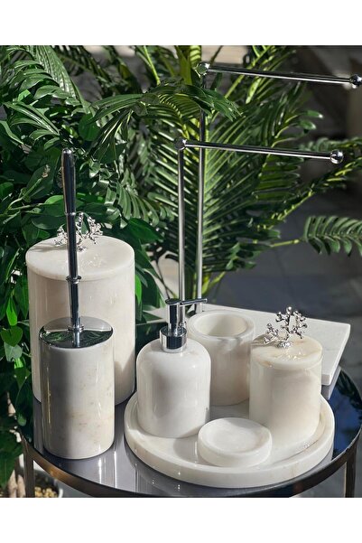 ege gross DEKORATİF DOĞAL BEYAZ MERMER / AKSESUAR DETAYLI 8Lİ MERMER BANYO SETİ /MERMER BANYO TAKIMI