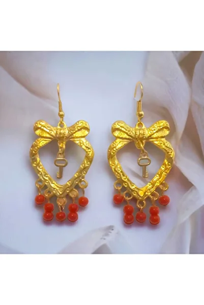 Crystal Atelier Gold Color Heart Shaped Beaded Coquette Earrings - Dangle Fairycore Design