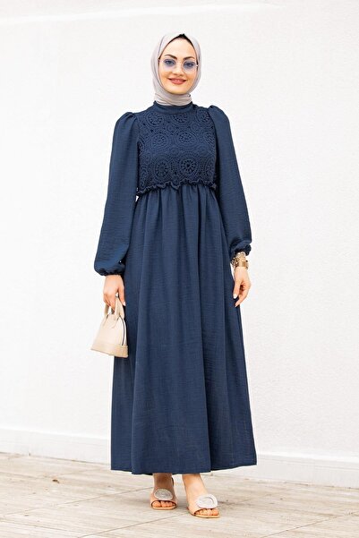 Swana فستان نسلي من الكتان مع رداء من الدانتيل - أزرق داكن