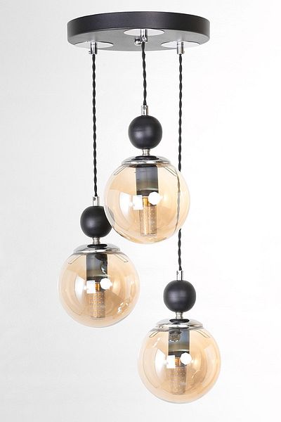 MŞ Aydınlatma Misket 3-Piece Black Chrome Honey Glass Pendant Lamp Chandelier