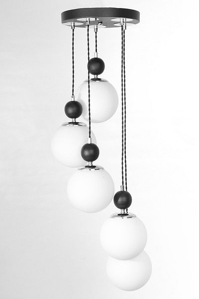 MŞ Aydınlatma Misket 5-Piece Black Chrome White Glass Pendant Lamp Chandelier