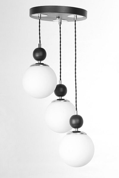 MŞ Aydınlatma Misket 3-Piece Black Chrome White Glass Pendant Lamp Chandelier