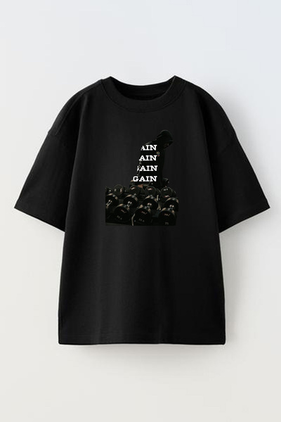 NMG TEKSTİL Unisex Black Oversize Cotton Azgain Written Gym Printed Knitted T...
