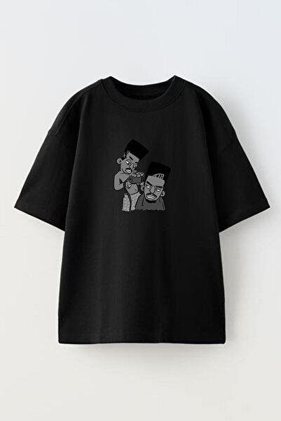 NMG TEKSTİL تي شيرت أسود كبير الحجم من القطن - نمط الحلاق للجنسين