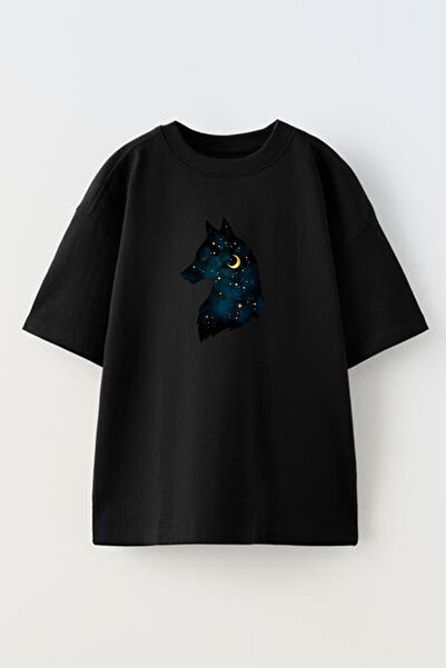 NMG TEKSTİL Moon Wolf Printed Unisex Black Oversize Cotton T-shirt