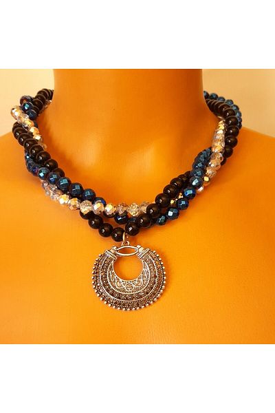 Asteria Elite Hematite Onyx Crystal Three Row Energy Protection Necklace from Mind and Evil Eye
