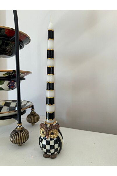 Hatice sakallı design 1 adet siyah beyaz damalı mum gold detaylı şamdan mumu