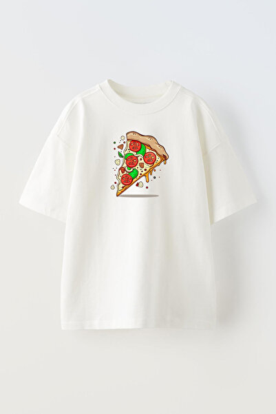 NMG TEKSTİL تي شيرت قطني أبيض كبير الحجم بنمط بيتزا للجنسين