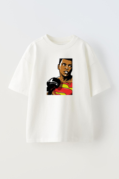 NMG TEKSTİL Muhammad Ali Superman Printed Unisex White Oversize Cotton T-shirt