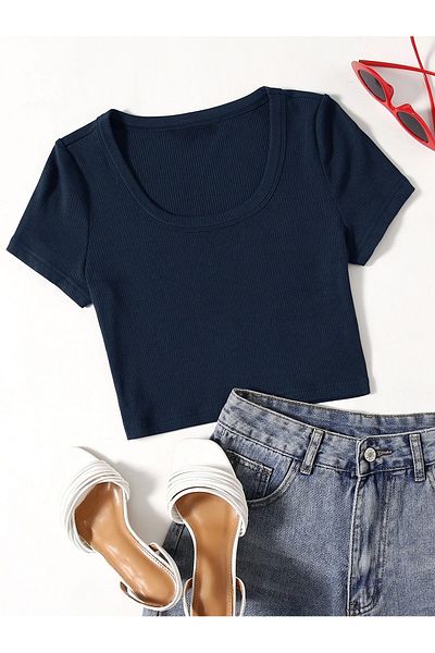 Mad&Calf Γυναικείο Crop Top με ριμπ λαιμόκοψη - Basic Cotton