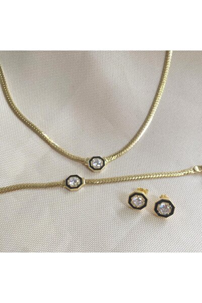 simurg jewellery Altın Kaplamalı Siyah Mineli Taşlı Gümüş Takı Seti