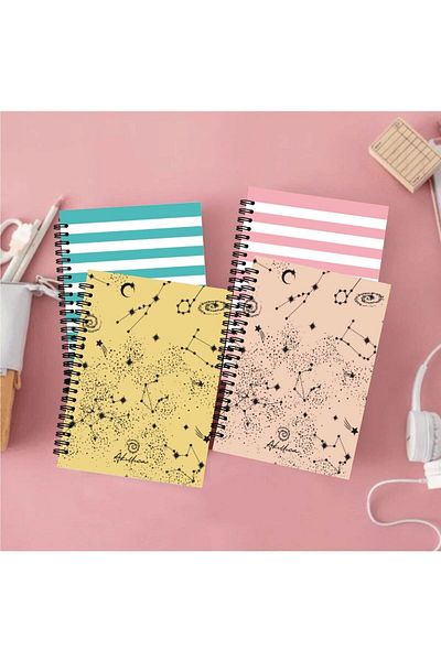 AKILLICA Set of 4 Notebooks 10 x 13.5 cm Lined Notebook with Cardboard Cover Spiral Bound Pocket Notebook Line Sky Series