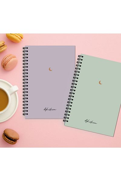 AKILLICA Set of 2 Unruled Notebooks 13 x 20 cm 56 Sheets Cardboard Cover Spiral Notebook Green + Purple Moon Series