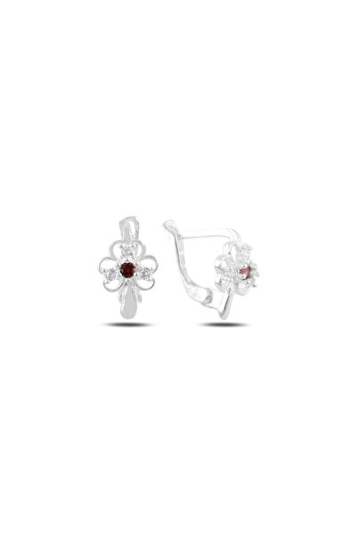 ESJ 925 Ayar Gümüş Yonca Detaylı Çocuk Küpe (GARNET ZİRKON KIRMIZI)