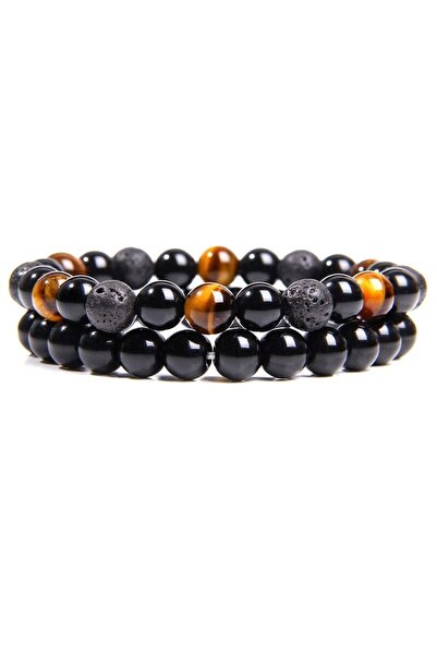 Kusakli Unisex Double Design Natural Stone Bracelet Set - Onyx and Tiger Eye