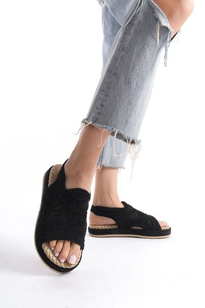 YASEMİN Women's Black Lace Embroidered Open Front Flat Heeled Straw Slippers - Hela