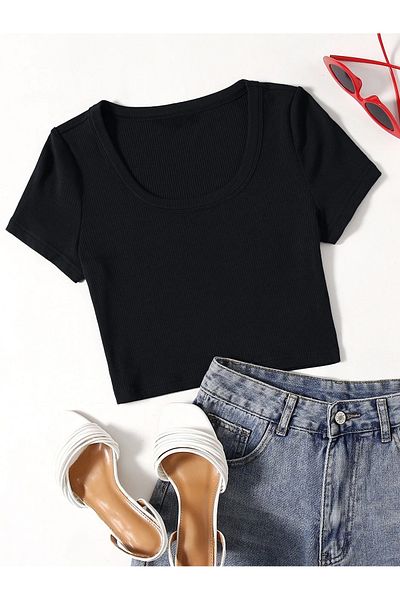 Mad&Calf Γυναικείο Crop Top με ριμπ λαιμόκοψη - Basic Cotton