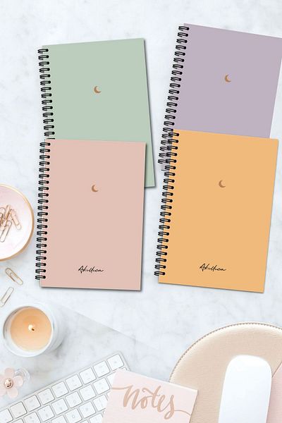 AKILLICA Set of 4 Unlined Notebooks 13 X 20 Cm 56 Sheets Cardboard Cover Spiral Notebook Notebook Moon Series