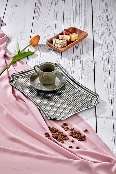 Kuzeyli Luxury Rectangular Butterfly Cut Stainless Steel 6-Piece Silver Coffee, Tea Decorative Presentation Tray
