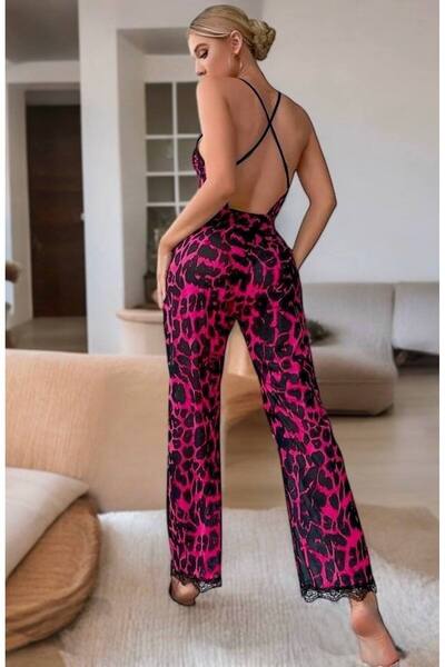 BLACK Askılı Tulum Pijama Takımı Leopar