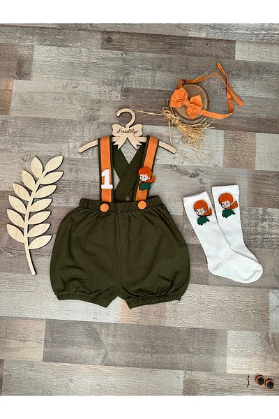 Feriatolye 1 Year Old Baby Boy Khaki Orange Prince Salopet and Bow Tie Set - Birthday