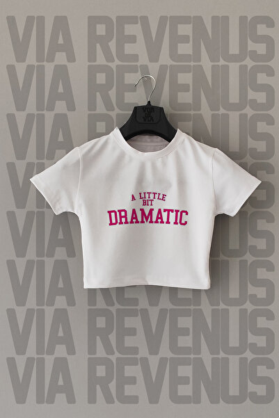 Vordevia Tricou crop alb din lycra cu decolteu adânc imprimat Little Bit Dramatic