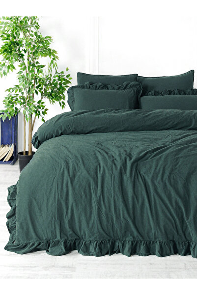 BED LİNE Ranforce Duvet Cover Set Single Size Exclusive Stonewashed Dark Green