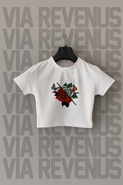 Vordevia Rose Printed Slim Fit Crew Neck Lycra White Crop