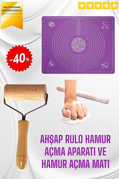 kalitexhome Hamur Açma Matı Silikon Ölçekli Hamur Açma Altlığı Ve Ahşap Saplı...