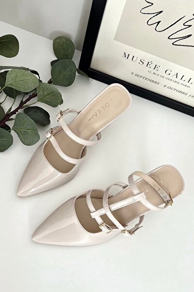POLKA STORE Choice Stripe Detailed Plug-in Band Apparatus Patent Leather Beige Nude Skin Pointed Toe Heeled Women's Shoes