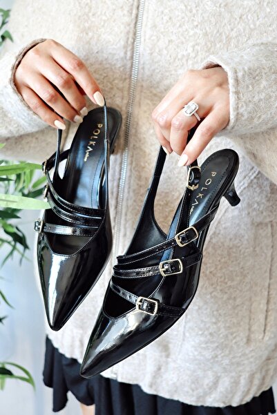 POLKA STORE Serena Pointed Toe Three-Stripe Buckle Black Patent Leather Heeled Women's Shoes