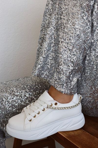 POLKA STORE Comfortable Women's Sneakers with Stone Detail - Lace-up