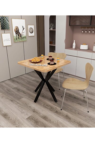 ALİİS LİFE 70x70 Cm Atlantik Çam X Metal Ayaklı Mutfak ,Yemek ,Cafe, Balkon Masası,