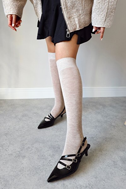 POLKA STORE Serena Pointed Toe Three-Stripe Buckle Black Patent Leather Heeled Women's Shoes