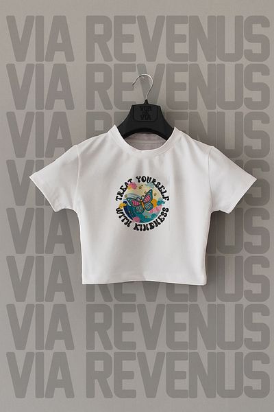 Vordevia Λευκό Lycra Crop - Butterfly Treat Yourself Printed, Crew Neck
