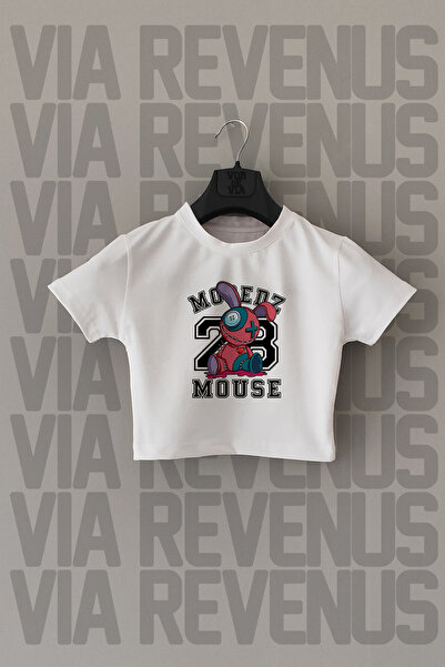 Vordevia Λευκό Lycra Rabbit εμπριμέ στενό Crop Top - Crew Neck