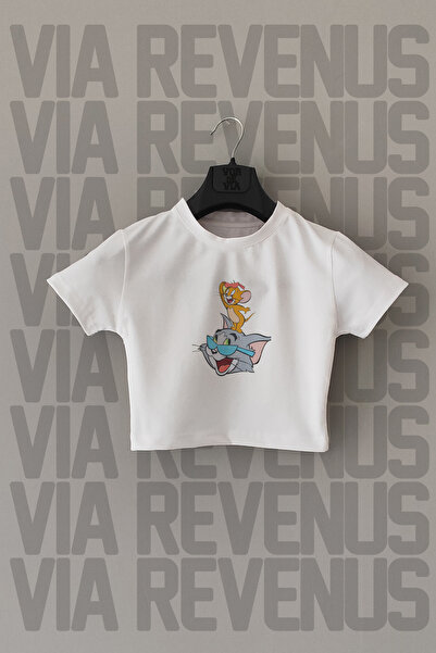 Vordevia Tom and Jerry Patterned - Lycra White Crop Top, Slim Fit
